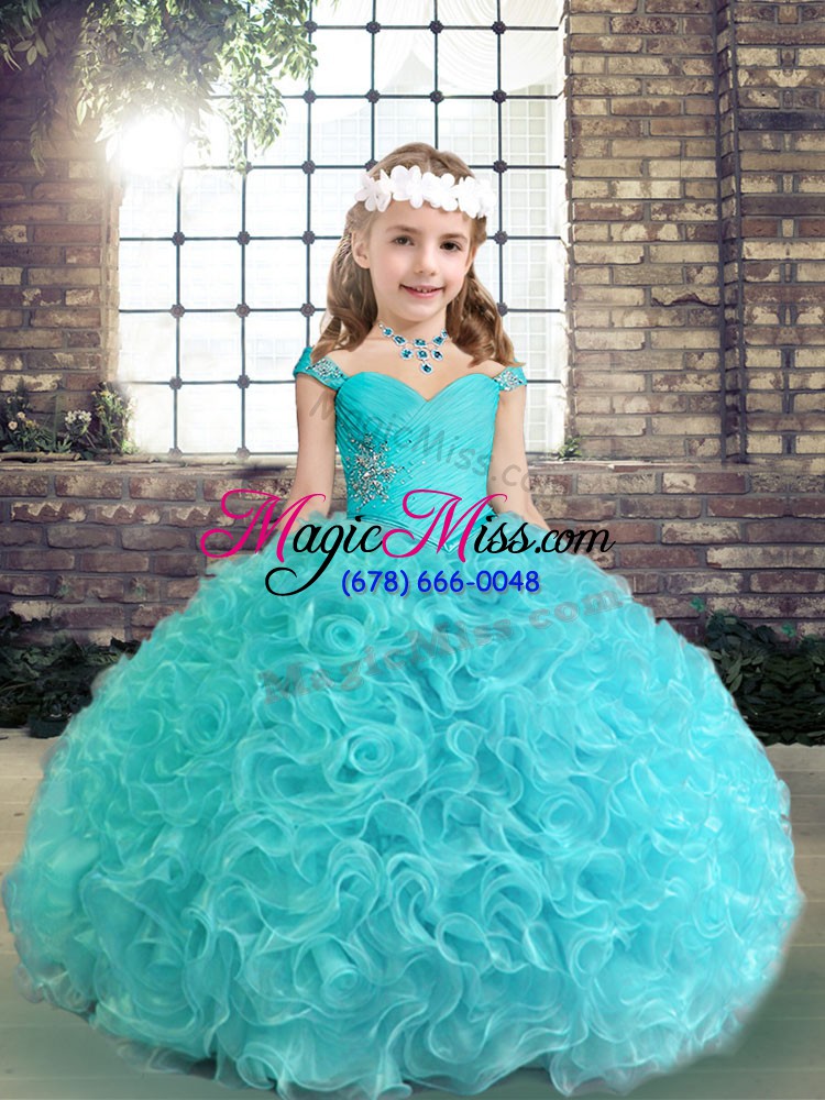 wholesale aqua blue lace up little girls pageant dress beading and ruching sleeveless floor length