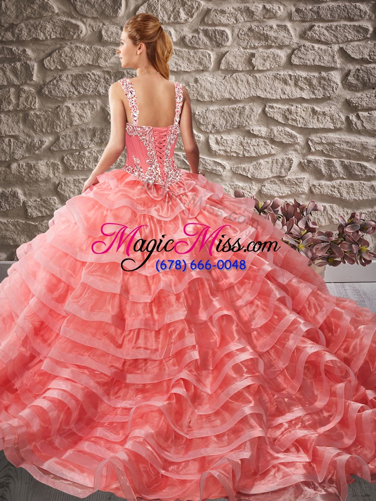 wholesale new style court train ball gowns quinceanera dresses pink straps organza sleeveless floor length lace up