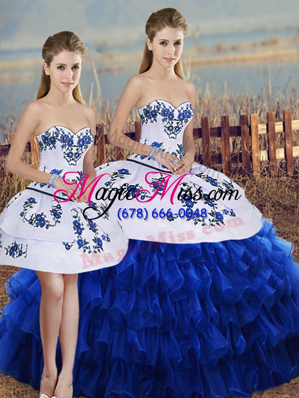 wholesale pretty floor length royal blue 15 quinceanera dress organza sleeveless embroidery and ruffled layers and bowknot