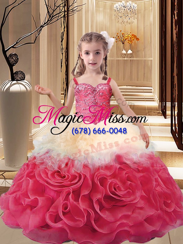 wholesale sleeveless fabric with rolling flowers floor length lace up child pageant dress in multi-color with beading