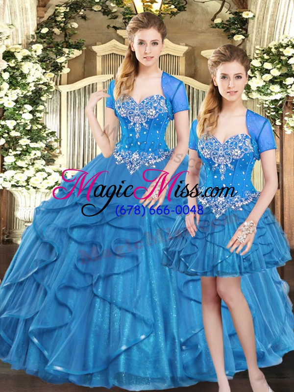 wholesale exceptional blue quince ball gowns military ball and sweet 16 and quinceanera with beading and ruffles sweetheart sleeveless lace up