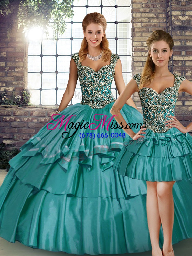 wholesale teal straps neckline beading and ruffled layers quince ball gowns sleeveless lace up