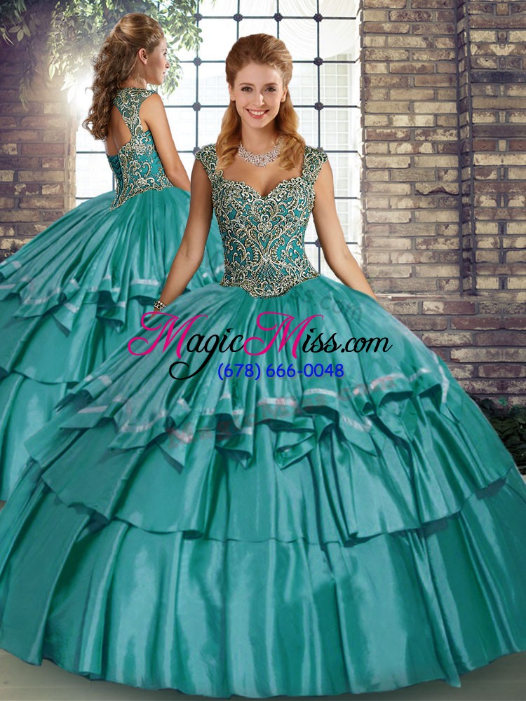 wholesale teal straps neckline beading and ruffled layers quince ball gowns sleeveless lace up