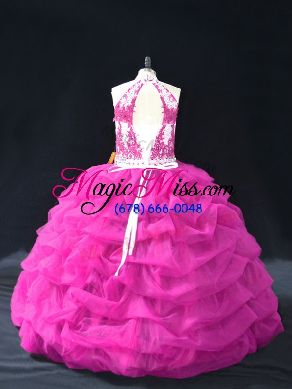 wholesale sleeveless organza floor length backless sweet 16 dresses in fuchsia with beading and lace and pick ups