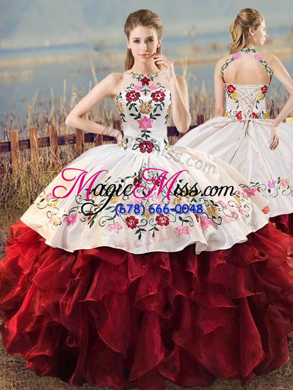 wholesale amazing white and red organza lace up halter top sleeveless floor length quince ball gowns embroidery and ruffles