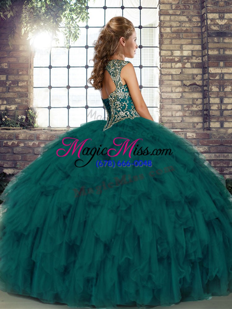 wholesale discount olive green sleeveless floor length beading and ruffles lace up ball gown prom dress