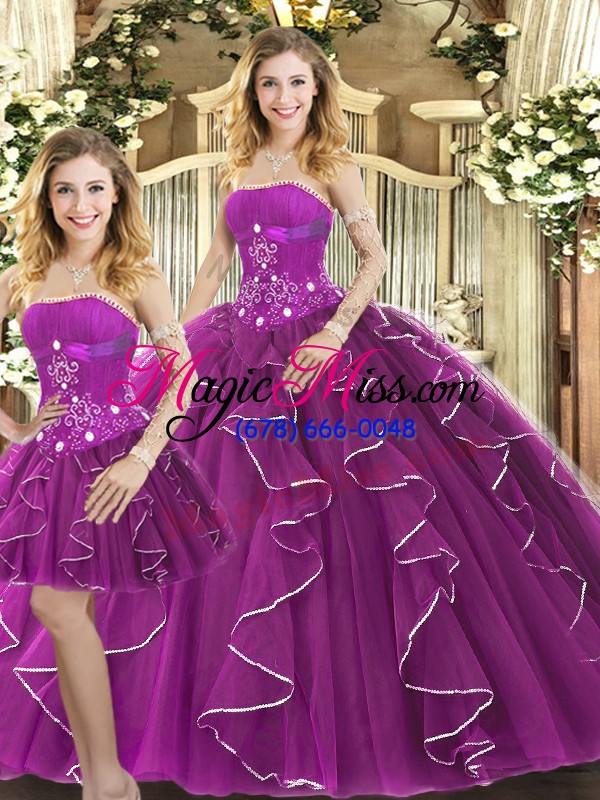 wholesale purple lace up quinceanera dress beading and ruffles sleeveless floor length