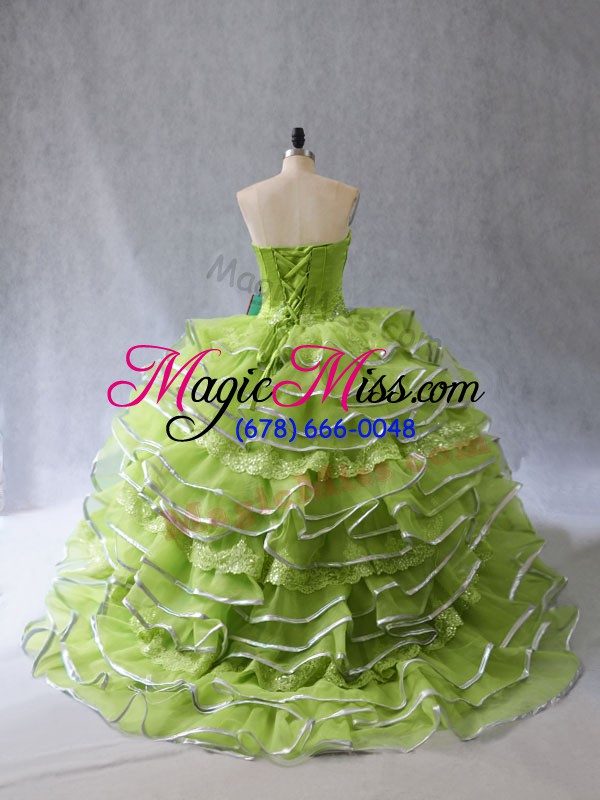 wholesale sleeveless appliques and ruffles lace up ball gown prom dress with yellow green brush train