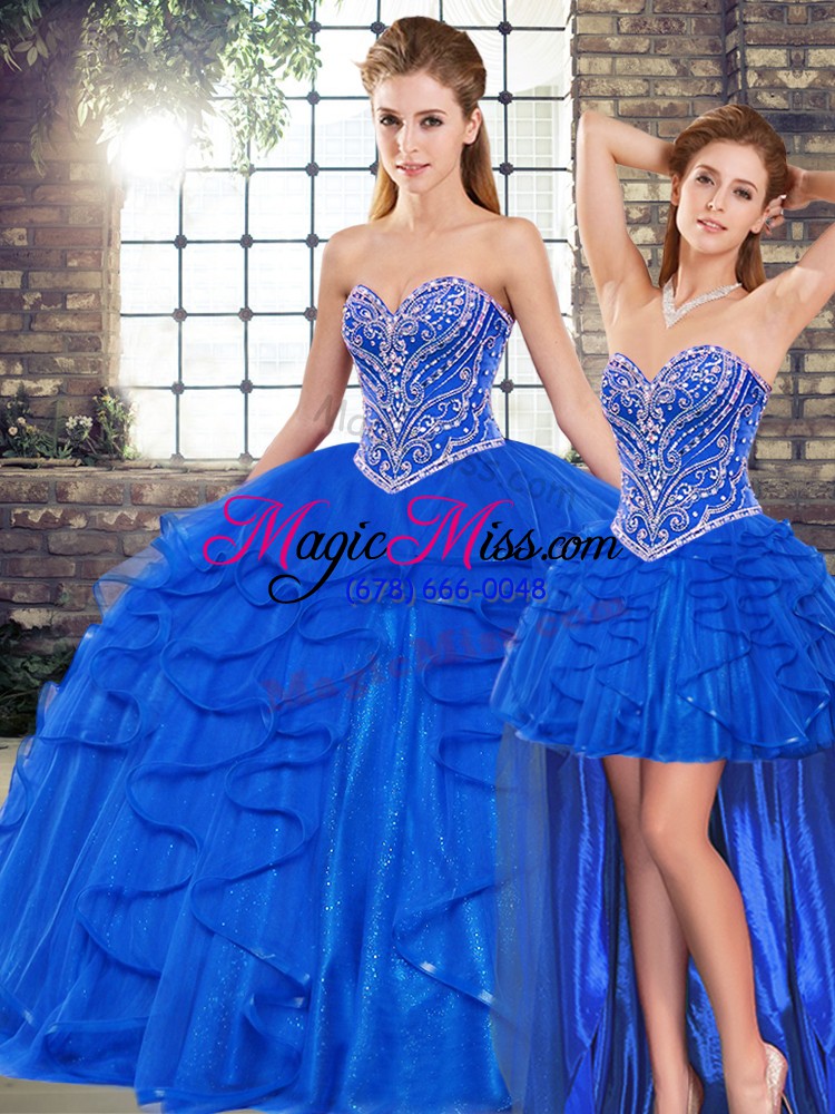 wholesale three pieces quince ball gowns royal blue sweetheart tulle sleeveless floor length lace up