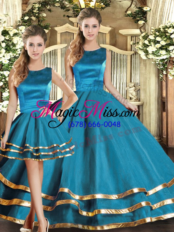 wholesale comfortable three pieces quinceanera gown teal scoop tulle sleeveless floor length lace up
