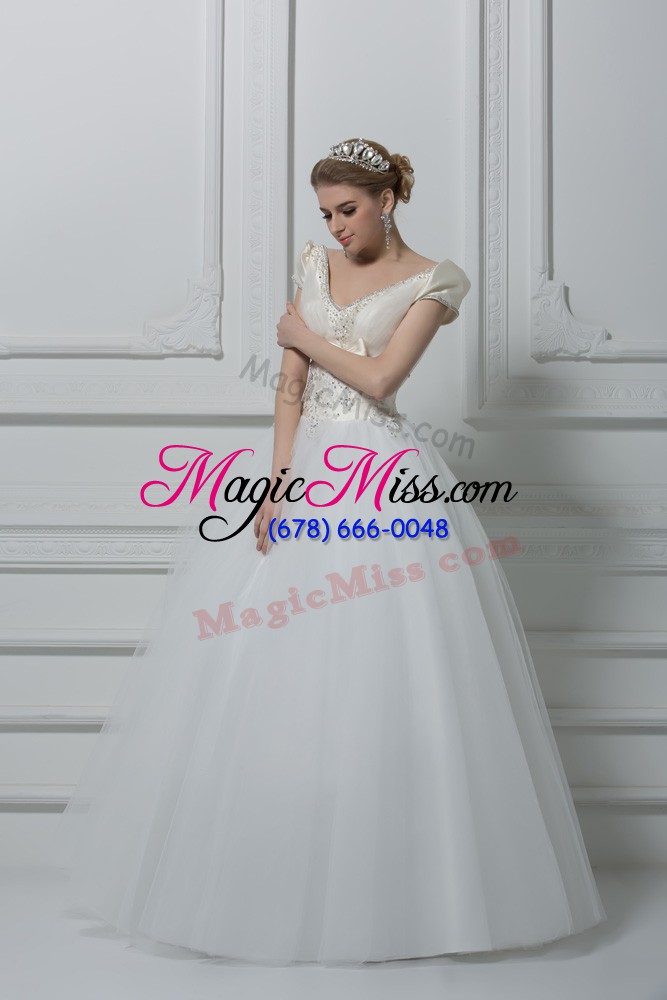 wholesale white lace up bridal gown beading and appliques and bowknot short sleeves floor length