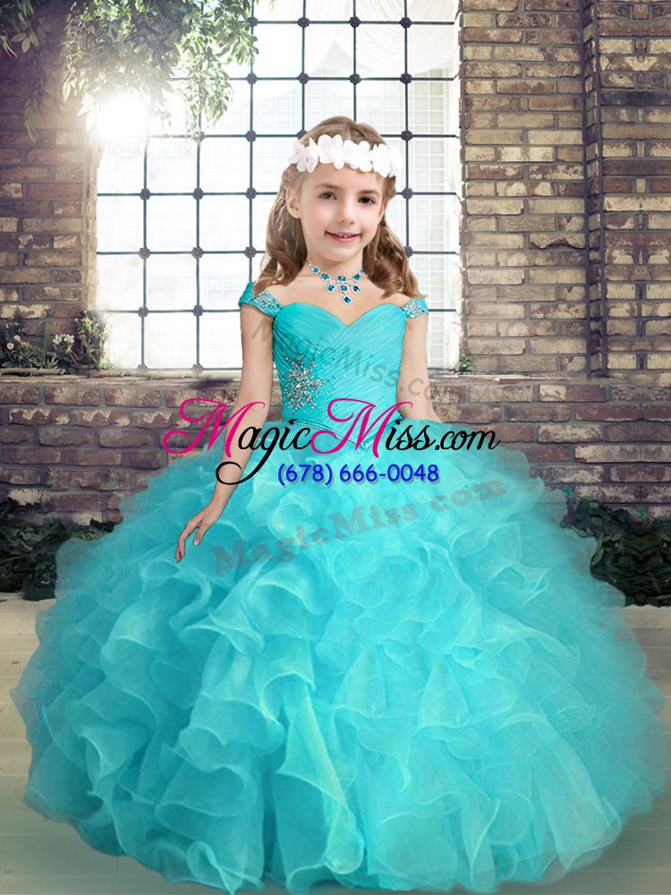 wholesale aqua blue organza lace up little girls pageant dress wholesale sleeveless high low beading and ruffles