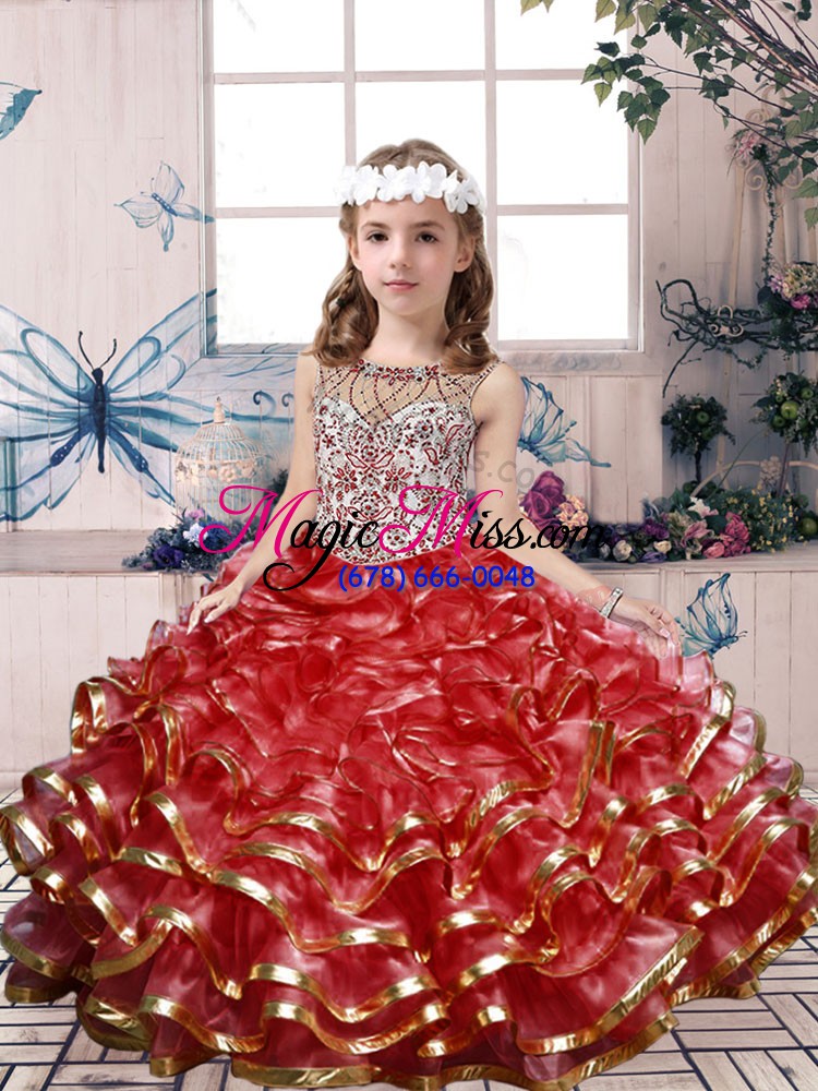 wholesale custom design red sleeveless organza lace up little girl pageant gowns for party and wedding party