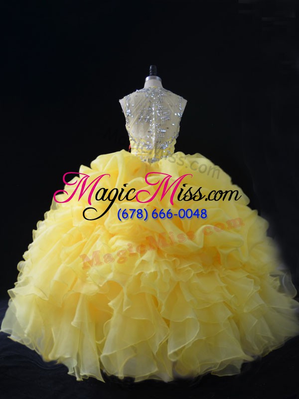 wholesale hot selling yellow straps zipper beading and ruffles and pick ups ball gown prom dress sleeveless
