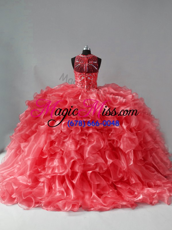 wholesale best coral red sleeveless brush train beading and ruffles quinceanera dresses