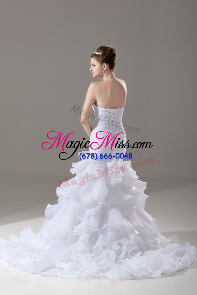 wholesale elegant beading and ruffled layers wedding dress white lace up sleeveless brush train