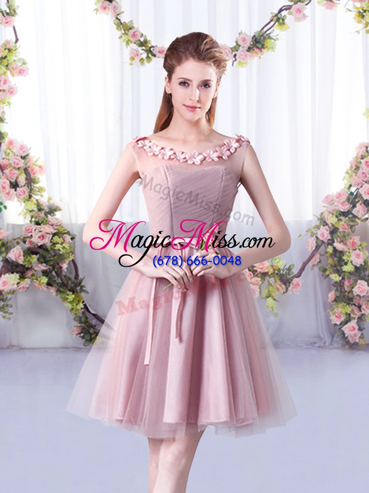 wholesale flare a-line quinceanera court of honor dress pink scoop tulle sleeveless knee length lace up