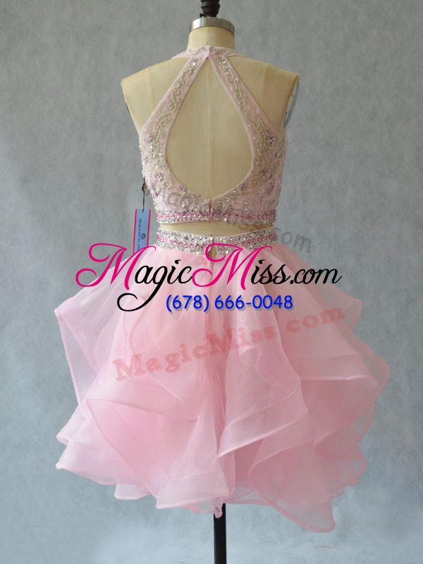 wholesale mini length baby pink dress for prom tulle sleeveless beading and ruffles