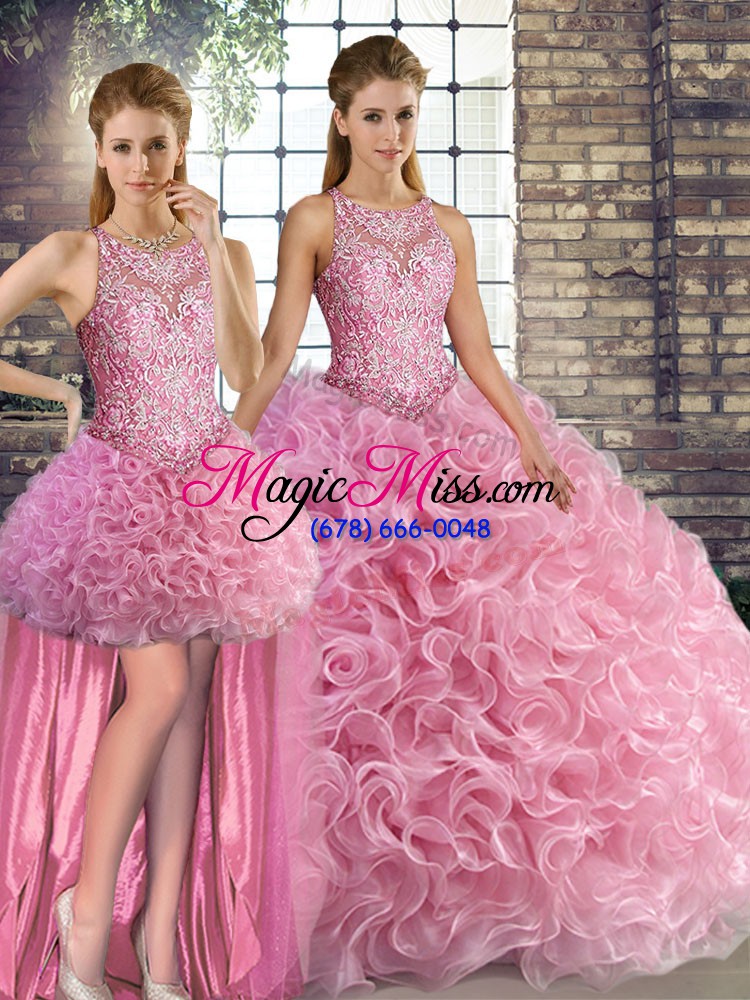 wholesale fashionable floor length rose pink ball gown prom dress fabric with rolling flowers sleeveless beading