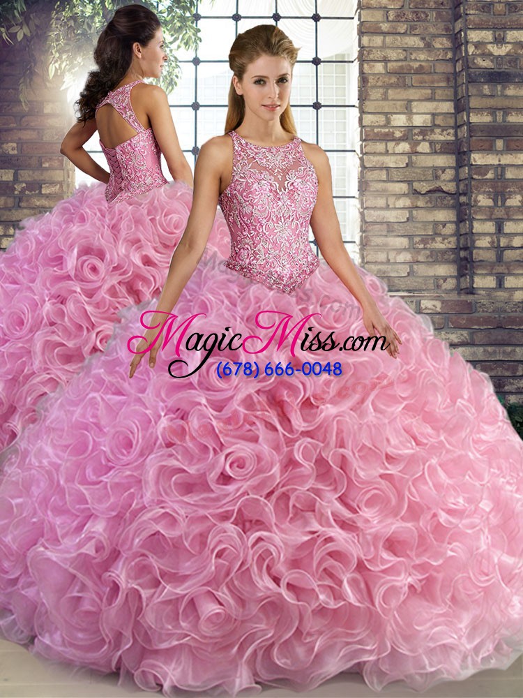 wholesale fashionable floor length rose pink ball gown prom dress fabric with rolling flowers sleeveless beading