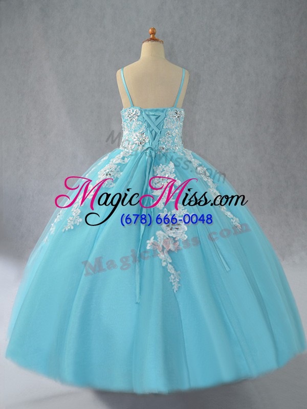 wholesale fancy sleeveless floor length beading and appliques lace up little girls pageant dress with aqua blue