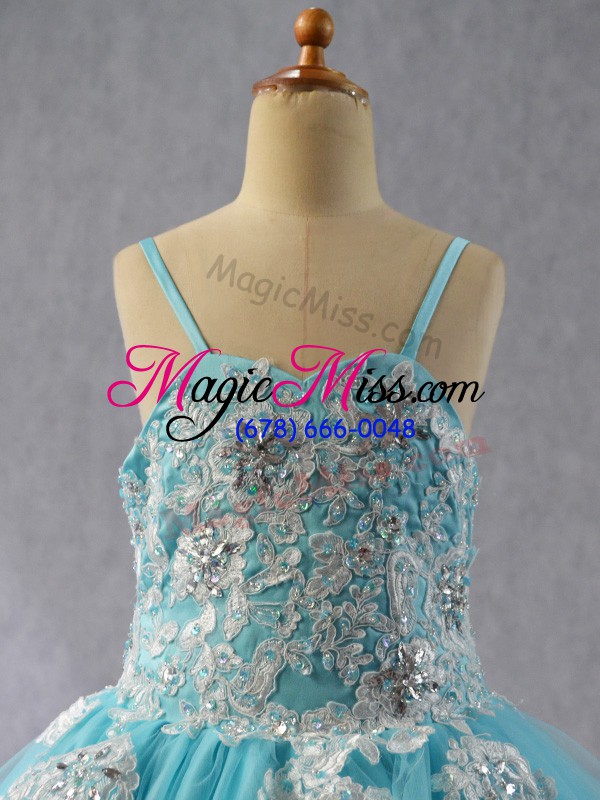 wholesale fancy sleeveless floor length beading and appliques lace up little girls pageant dress with aqua blue