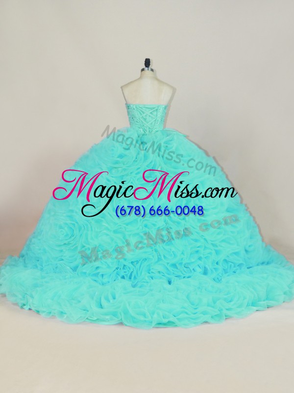 wholesale custom designed aqua blue ball gowns sweetheart sleeveless fabric with rolling flowers court train lace up beading and ruffles sweet 16 dress