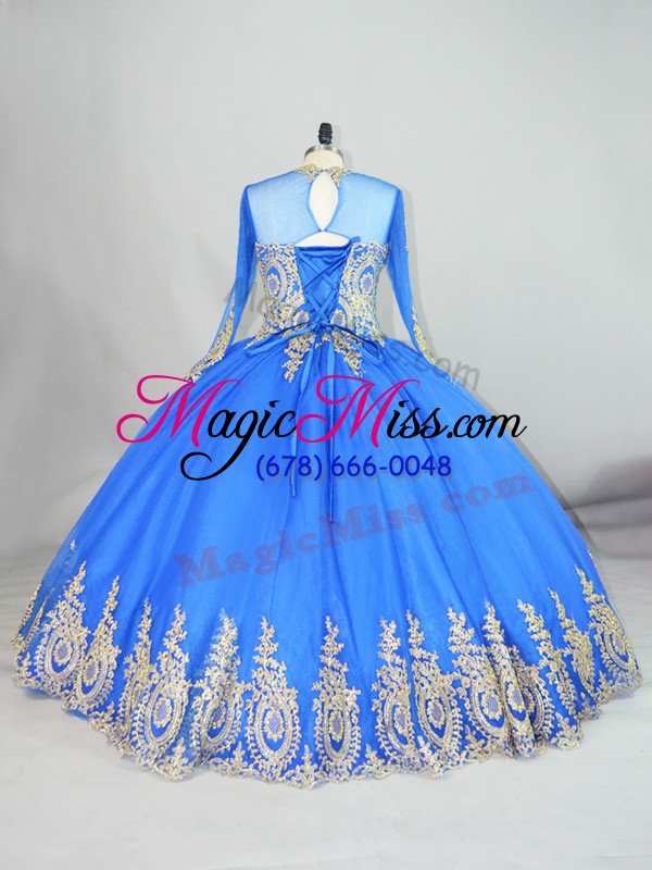 wholesale dazzling blue lace up quinceanera gowns beading and appliques long sleeves floor length