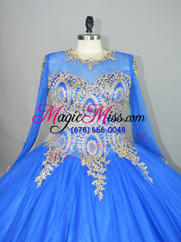 wholesale dazzling blue lace up quinceanera gowns beading and appliques long sleeves floor length