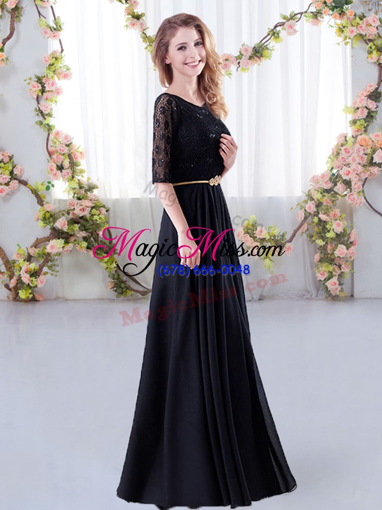 wholesale affordable half sleeves zipper floor length lace and belt wedding guest dresses