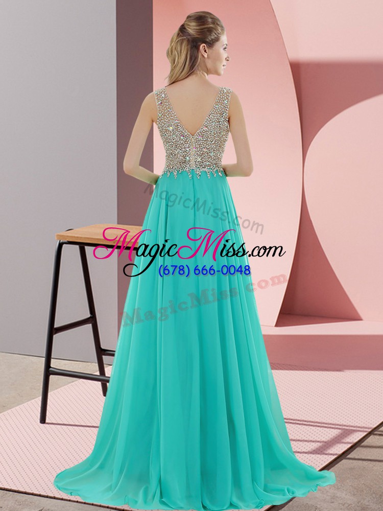 wholesale sleeveless chiffon sweep train zipper prom party dress in turquoise with beading
