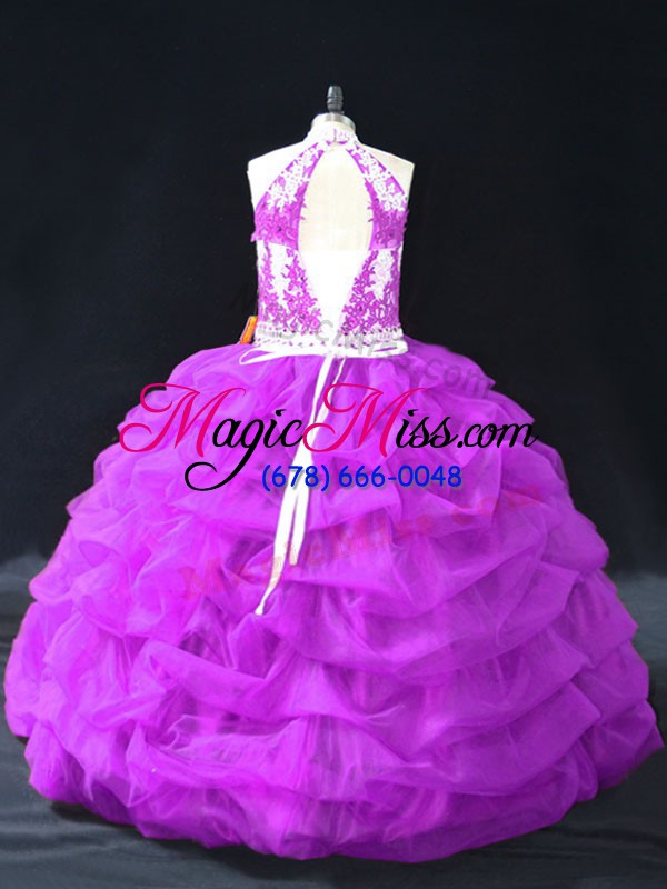wholesale purple halter top neckline beading and pick ups quinceanera dress sleeveless backless