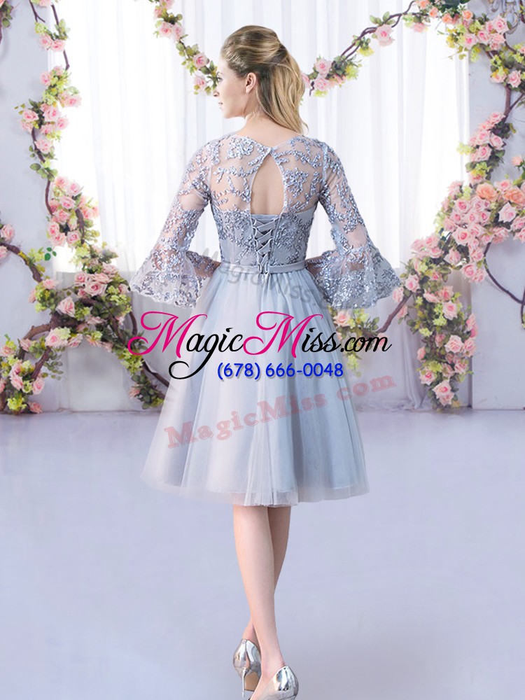 wholesale amazing 3 4 length sleeve lace up knee length lace and belt bridesmaid gown