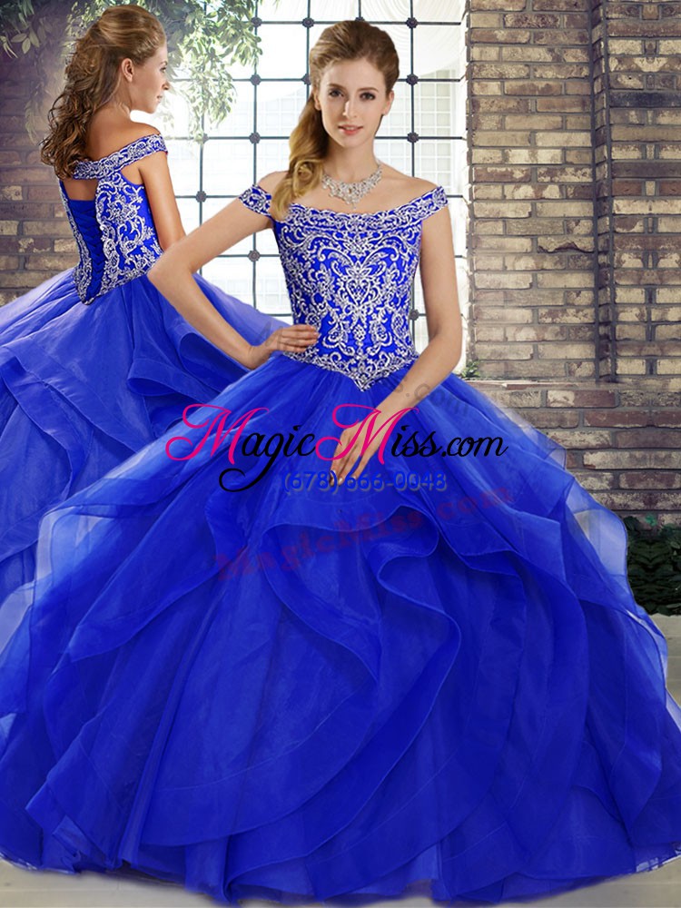 wholesale smart royal blue tulle lace up off the shoulder sleeveless 15th birthday dress brush train beading and ruffles