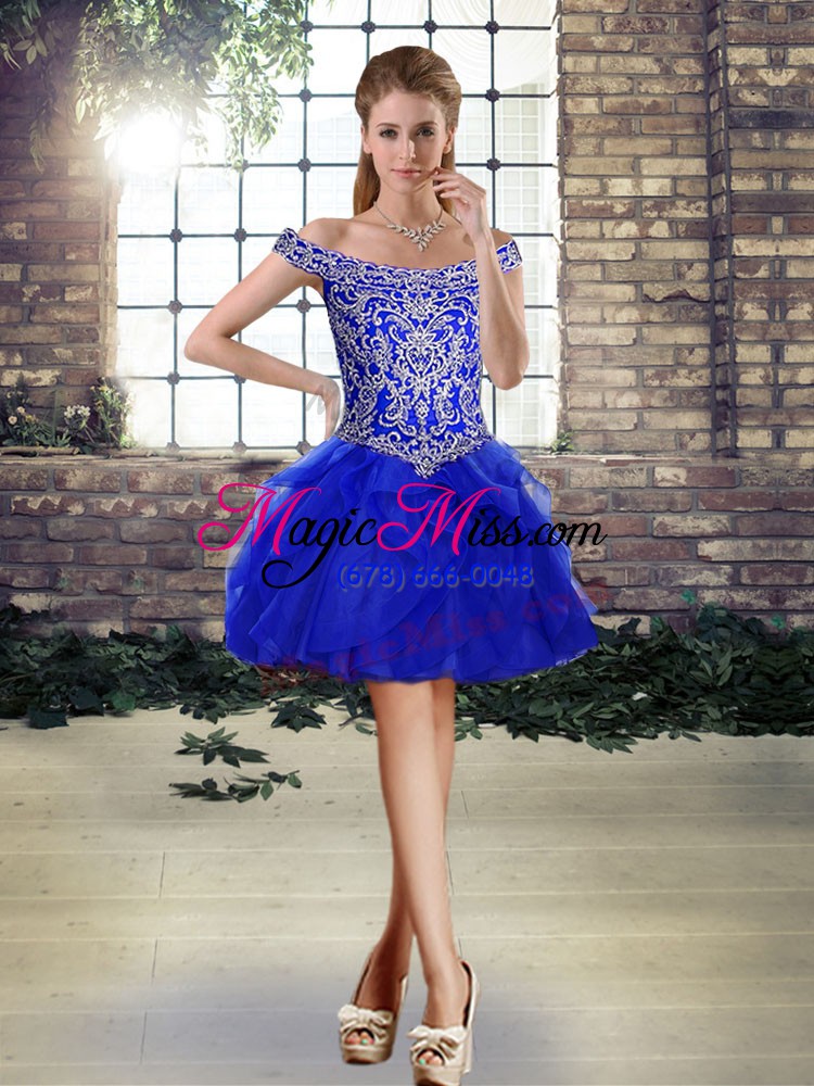 wholesale smart royal blue tulle lace up off the shoulder sleeveless 15th birthday dress brush train beading and ruffles