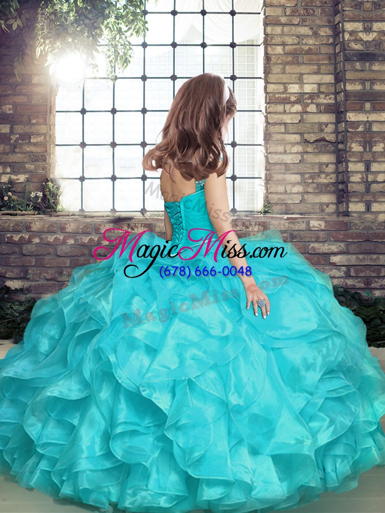 wholesale blue straps neckline beading and ruffles little girl pageant gowns sleeveless lace up