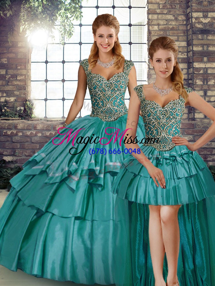 wholesale extravagant teal three pieces taffeta straps sleeveless beading and ruffled layers floor length lace up sweet 16 dress