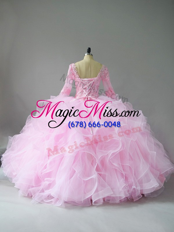 wholesale exceptional ball gowns quince ball gowns pink v-neck tulle long sleeves floor length lace up