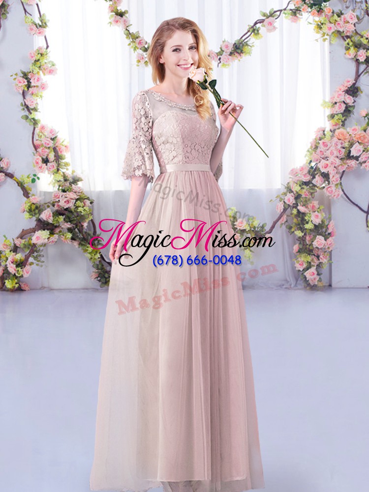 wholesale pink tulle side zipper off the shoulder half sleeves floor length bridesmaid dresses lace and belt