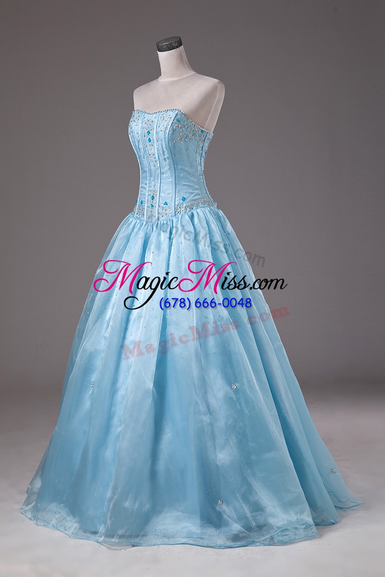 wholesale organza strapless sleeveless lace up beading quinceanera gowns in baby blue