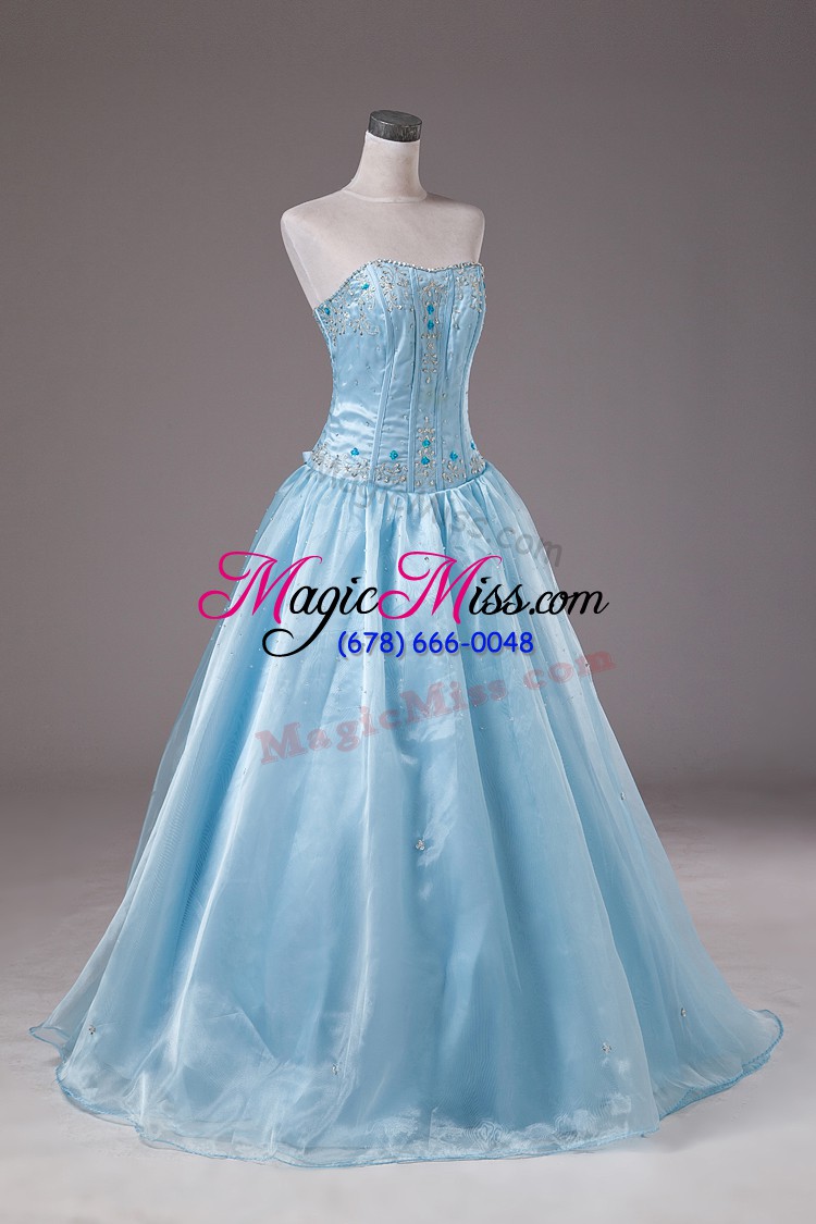 wholesale organza strapless sleeveless lace up beading quinceanera gowns in baby blue