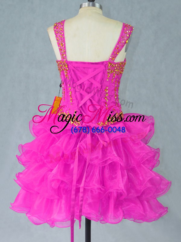 wholesale extravagant sleeveless organza mini length lace up prom party dress in fuchsia with beading and ruffled layers
