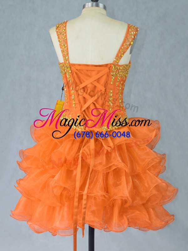 wholesale mini length lace up prom dress orange for prom and party with beading and ruffled layers