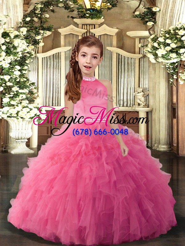 wholesale high quality rose pink tulle backless high-neck sleeveless floor length little girl pageant dress beading and ruffles
