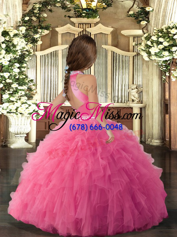wholesale high quality rose pink tulle backless high-neck sleeveless floor length little girl pageant dress beading and ruffles