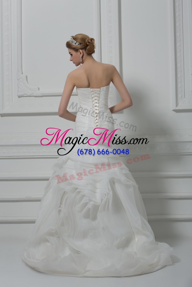 wholesale popular fabric with rolling flowers strapless sleeveless brush train lace up ruching wedding gown in white