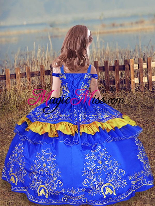 wholesale blue sleeveless floor length beading and embroidery lace up little girls pageant gowns