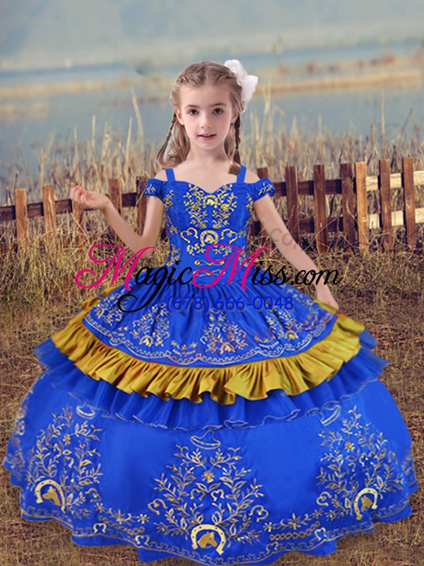 wholesale blue sleeveless floor length beading and embroidery lace up little girls pageant gowns