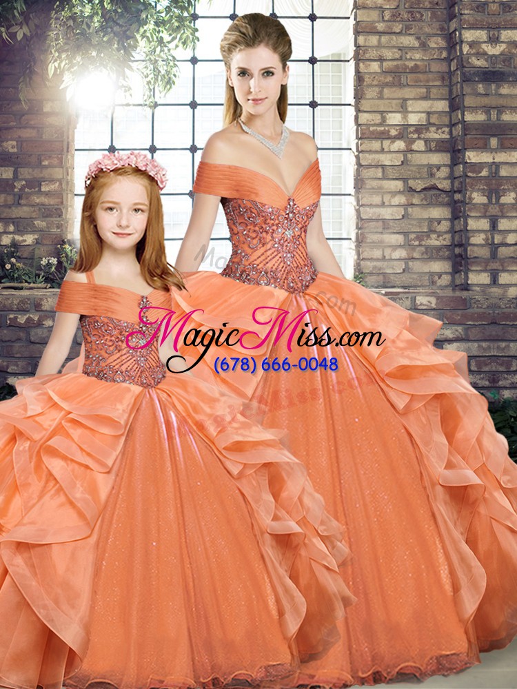 wholesale sophisticated beading and ruffles ball gown prom dress orange lace up sleeveless floor length