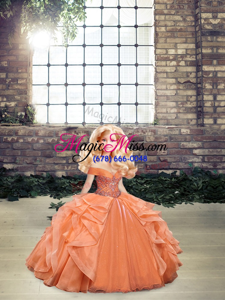wholesale sophisticated beading and ruffles ball gown prom dress orange lace up sleeveless floor length